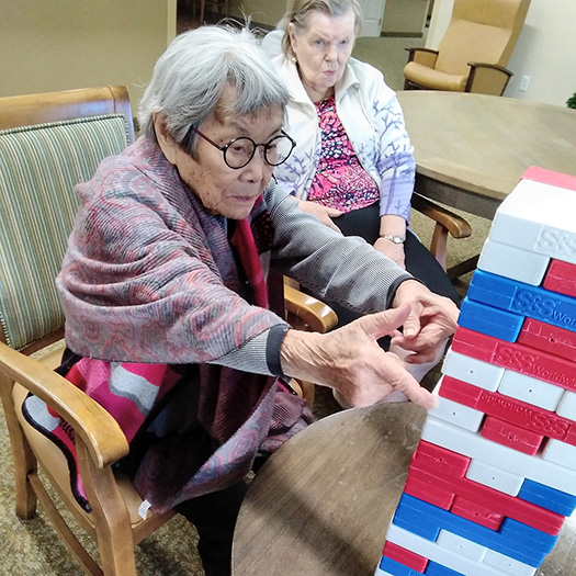 Two elderly women playing a game of jenga.